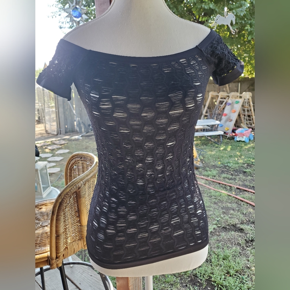 Rene Rofe Black Textured Lace Top